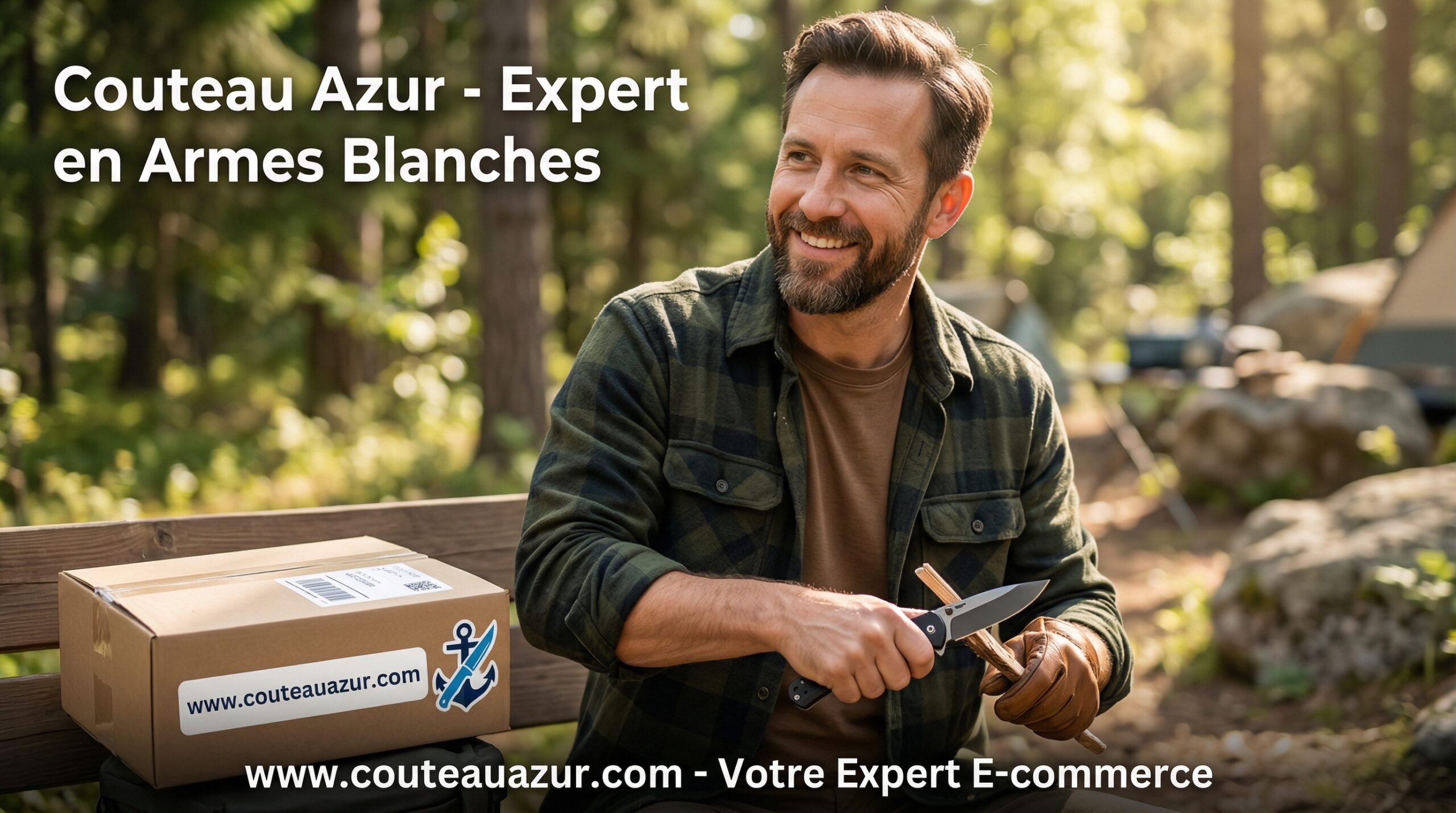 Homme client avis en forêt utilisant un couteau pliant Couteau Azur