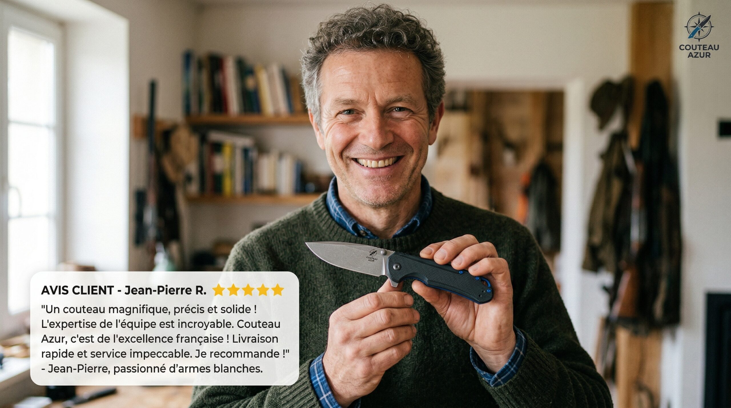 Passionné de coutellerie tenant un couteau pliant Couteau Azur avec avis client 5 étoiles