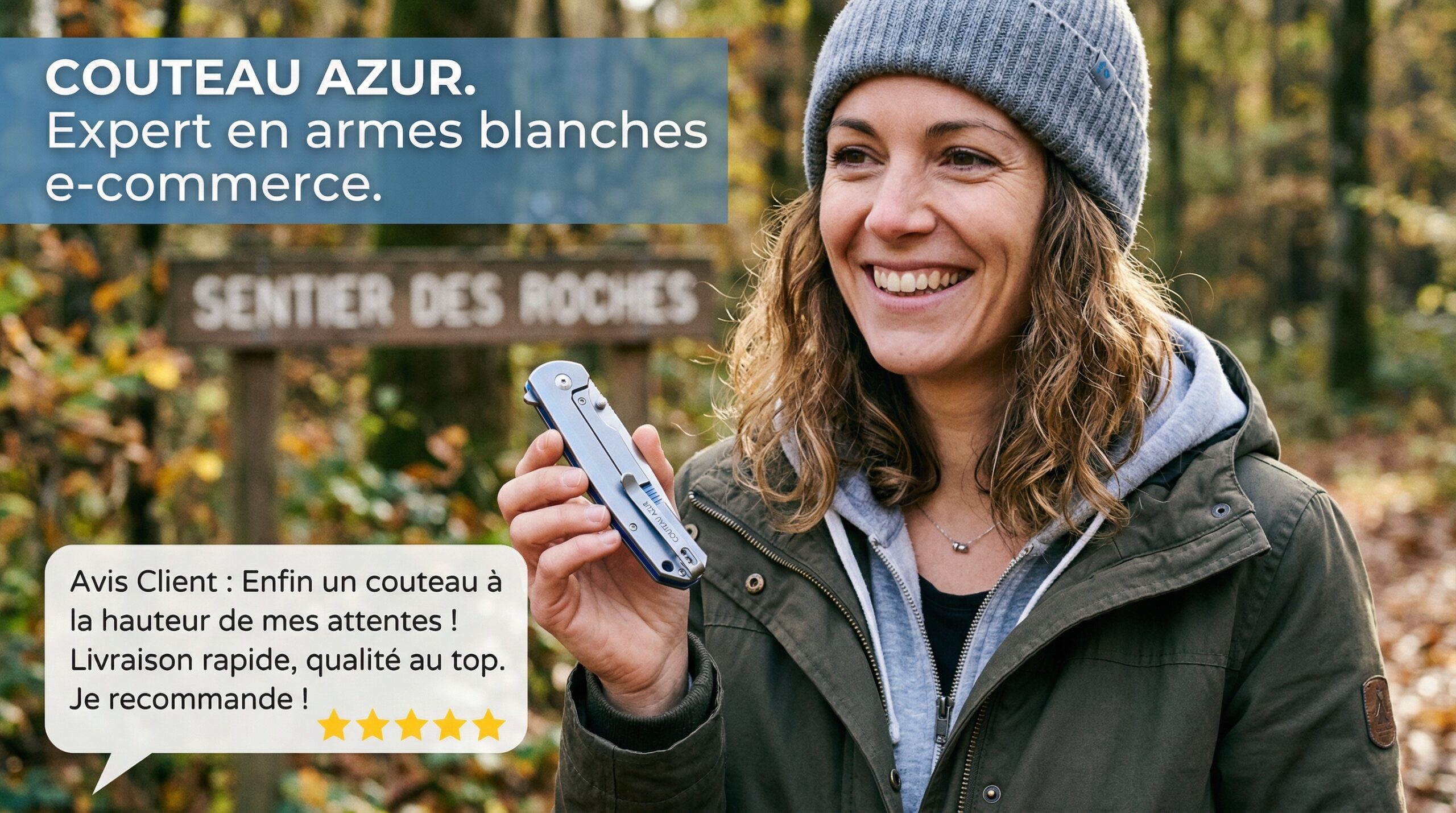 Randonneuse présentant un couteau pliant Couteau Azur sur sentier avec avis client satisfait
