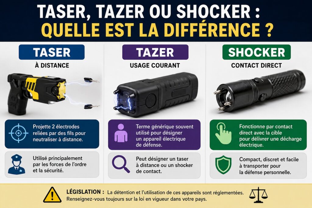Comparatif visuel entre un taser, un tazer et un shocker électrique avec explications sur leur fonctionnement et leurs différences.