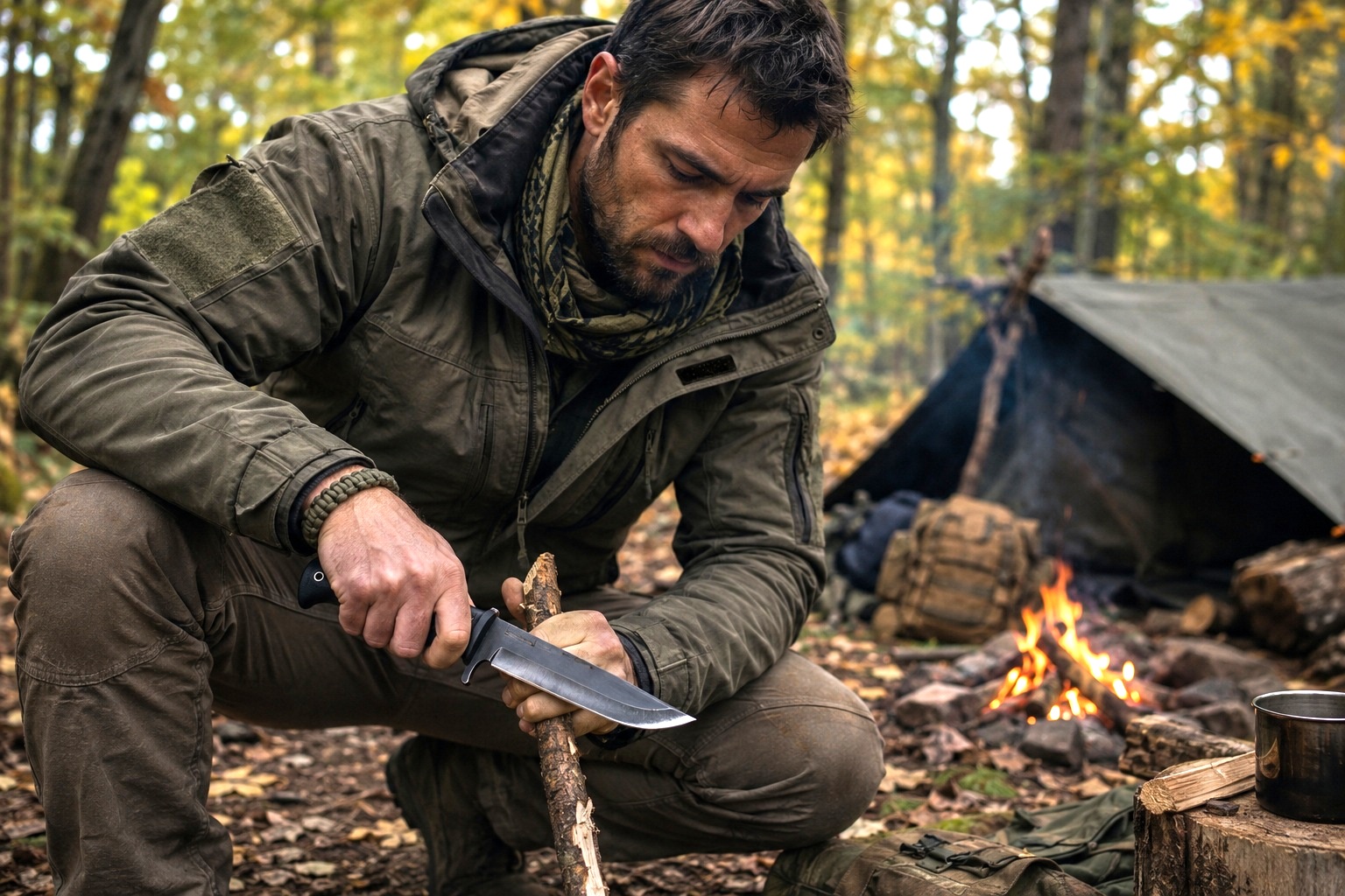 Homme utilisant un poignard de survie pour tailler une branche lors d'un bivouac en forêt